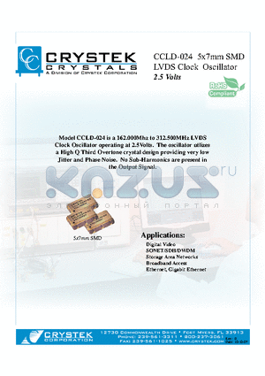 CCLD-024X-50-250.00 datasheet - 5x7mm SMD LVDS Clock Oscillator 2.5 Volts