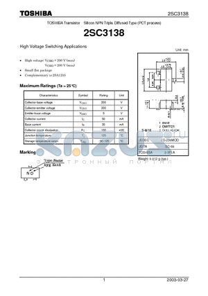 2SC3138_03 datasheet - High Voltage Switching Applications