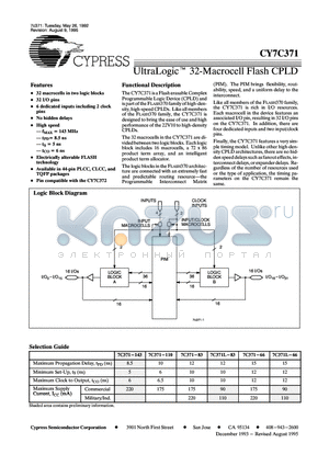 CY7C371-66AC datasheet - UltraLogic 32-Macrocell Flash CPLD