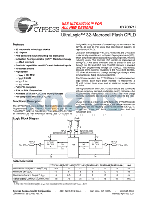 CY7C371I-110AC datasheet - UltraLogic 32-Macrocell Flash CPLD