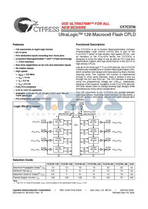 CY7C374I-100AC datasheet - UltraLogic 128-Macrocell Flash CPLD