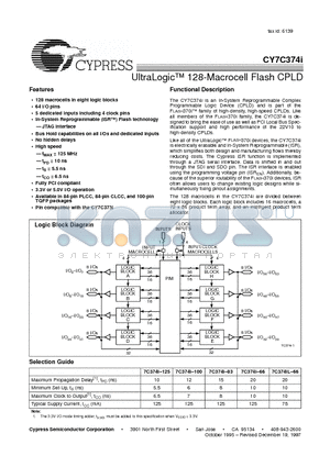 CY7C374I-66AC datasheet - UltraLogic 128-Macrocell Flash CPLD