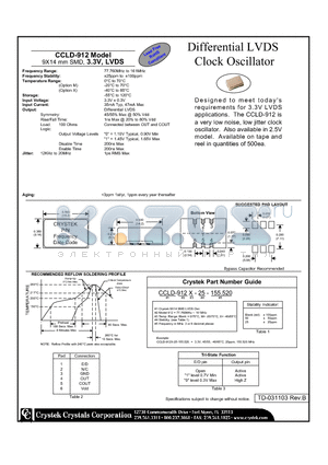 CCLD-912-25-155.520 datasheet - Differential LVDS Clock Oscillator 9X14 mm SMD, 3.3V, LVDS