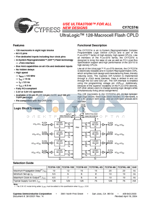 CY7C374I-83GMB datasheet - UltraLogic 128-Macrocell Flash CPLD