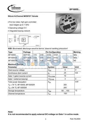 BF1005SR datasheet - Silicon N-Channel MOSFET Tetrode