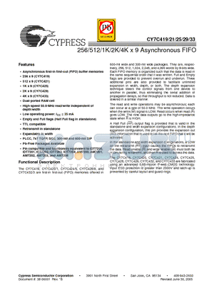 CY7C419-15VC datasheet - 256/512/1K/2K/4K x 9 Asynchronous FIFO