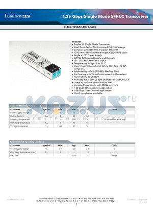 C-135-1250AC-FDFB-SLC3-G5 datasheet - 1.25 Gbps Single Mode SFF LC Transceiver