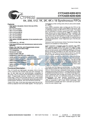 CY7C4205-10JI datasheet - 64, 256, 512, 1K, 2K, 4K x 18 Synchronous FIFOs