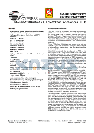 CY7C4205V-15AC datasheet - 64/256/512/1K/2K/4K x18 Low-Voltage Synchronous FIFOs