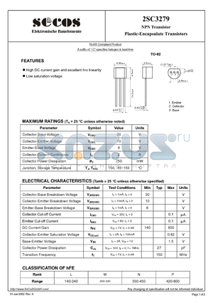 2SC3279 datasheet - NPN Transistor Plastic-Encapsulate Transistors