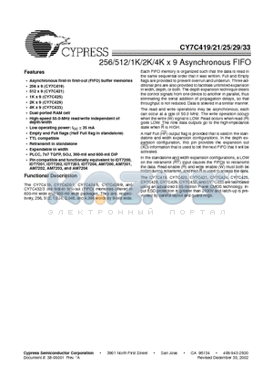 CY7C421-20JI datasheet - 256/512/1K/2K/4K x 9 Asynchronous FIFO