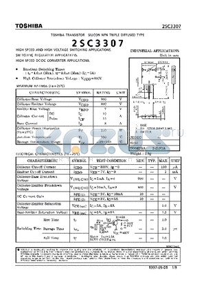 2SC3307 datasheet - NPN TRIPLE DIFFUSED TYPE (HIGH SPEED AND HIGH VOLTAGE SWITCHING, SWITCHING REGULATOR, HIGH SPEED DC-DC CONVERTER APPLICATIONS)