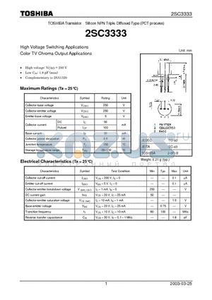 2SC3333 datasheet - High Voltage Switching Applications Color TV Chroma Output Applications