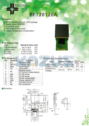 BF128128A datasheet - FSTN Transflective LCD, COF package Built-in driver HD66750