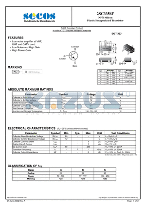 2SC3356F datasheet - NPN Silicon Plastic Encapsulated Transistor