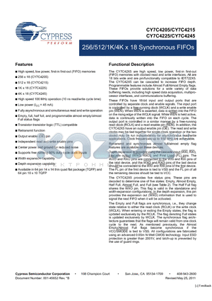 CY7C4225 datasheet - 256/512/1K/4K x 18 Synchronous FIFOs