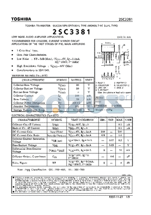 2SC3381 datasheet - NPN EPITAXIAL TYPE (LOW NOISE AUDIO AMPLIFIER APPLICATIONS RECOMMENDED FOR CASCODE, CURRENT MIRROR CIRCUIT OF THE FIRST STAGE OF PRE, MAIN AMPLIFIERS)