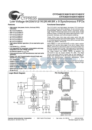 CY7C4231V-15JC datasheet - Low-Voltage 64/256/512/1K/2K/4K/8K x 9 Synchronous FIFOs