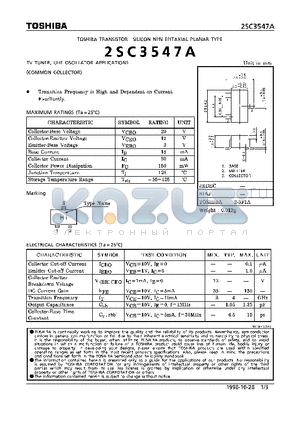 2SC3547A datasheet - NPN EPITAXIAL PLANAR TYPE (TV TUNER, UHF OSCILLATOR APPLICATIONS)(COMMON COLLECTOR)