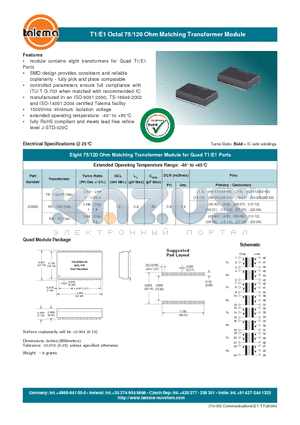 20362 datasheet - T1/E1 Octal 75/120 Ohm Matching Transformer Module