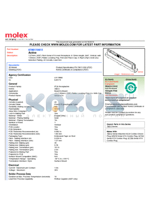 0780110011 datasheet - 1.27mm (.050) Pitch Serial ATA Host Receptacle, 8.15mm Height, SMT, Vertical, with 1.00mm (.039) Plastic Locating Peg, Pick-and-Place Cap