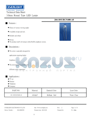 204-10SURC-S400-A8_10 datasheet - 3.0mm Round Type LED Lamps