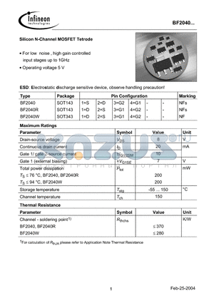 BF2040 datasheet - Silicon N-Channel MOSFET Tetrode