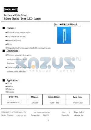 204-10SURC-S530-A3 datasheet - 3.0mm Round Type LED Lamps