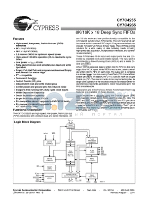 CY7C4265-10ASC datasheet - 8K/16K x 18 Deep Sync FIFOs