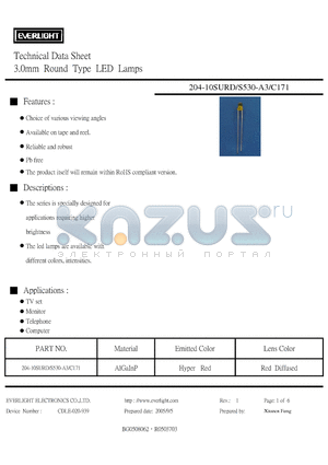 204-10SURD/S530-A3/C171 datasheet - 3.0mm Round Type LED Lamps