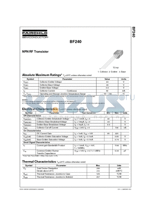 BF240 datasheet - NPN RF Transistor