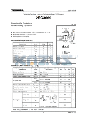 2SC3669_04 datasheet - TOSHIBA Transistor Silicon NPN Epitaxial Type (PCT Process) Power Amplifier Applications Power Switching Applications