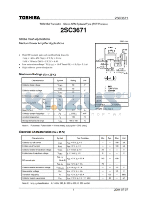 2SC3671 datasheet - Strobe Flash Applications Medium Power Amplifier Applications