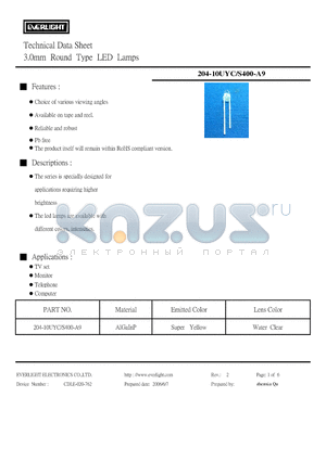 204-10UYC/S400-A9 datasheet - 3.0mm Round Type LED Lamps