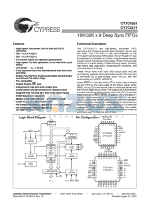 CY7C4271-10AI datasheet - 16K/32K x 9 Deep Sync FIFOs