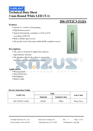 204-15/T2C3-1LQA datasheet - 3 mm Round White LED (T-1)