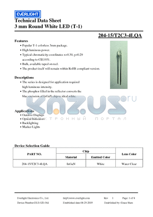 204-15/T2C3-4LQA datasheet - 3 mm Round White LED (T-1)
