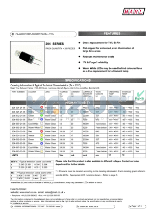 204-501-23-38 datasheet - FILAMENT REPLACEMENT LEDs - T1n