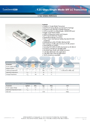 C-141-1250AC-FDFB-SLC2 datasheet - 1.25 Gbps Single Mode SFF LC Transceiver