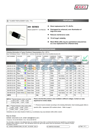 204-930-21-38 datasheet - FILAMENT REPLACEMENT LEDs - T1n