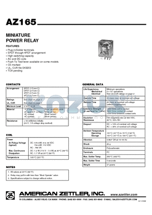 AZ165-2C-110D datasheet - MINIATURE POWER RELAY