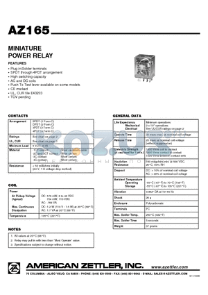 AZ165-2C-220A datasheet - MINIATURE POWER RELAY