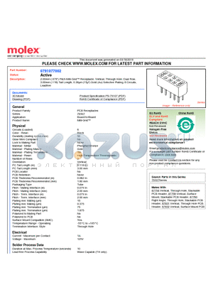 0791077002 datasheet - 2.00mm (.079) Pitch Milli-Grid Receptacle, Vertical, Through Hole, Dual Row, 3.00mm (.118) Tail Length, 0.38lm (15l) Gold (Au) Selective Plating