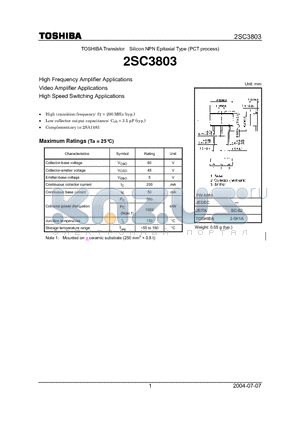 2SC3803 datasheet - High Frequency Amplifier Applications Video Amplifier Applications High Speed Switching Applications