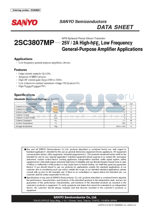 2SC3807MP datasheet - NPN Epitaxial Planar Silicon Transistor 25V / 2A High-hFE, Low Frequency General-Purpose Amplifier Applications