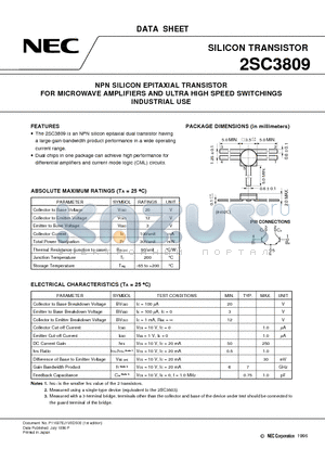 2SC3809 datasheet - NPN SILICON EPITAXIAL TRANSISTOR FOR MICROWAVE AMPLIFIERS AND ULTRA HIGH SPEED SWITCHINGS INDUSTRIAL USE