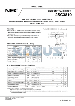 2SC3810 datasheet - NPN SILICON EPITAXIAL TRANSISTOR FOR MICROWAVE AMPLIFIERS AND ULTRA HIGH SPEED SWITCHINGS INDUSTRIAL USE