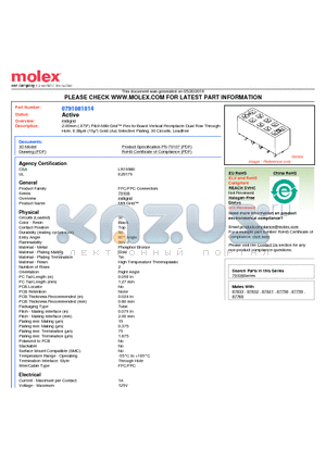 0791081014 datasheet - 2.00mm (.079) Pitch Milli-Grid Flex-to-Board Vertical Receptacle Dual Row Through-Hole, 0.38lm (15l) Gold (Au) Selective Plating, 30 Circuits, Leadfree