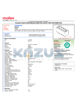 0791081015 datasheet - 2.00mm (.079) Pitch Milli-Grid Flex-to-Board Vertical Receptacle Dual Row Through-Hole, 0.38lm (15l) Gold (Au) Selective Plating, 32 Circuits, Leadfree