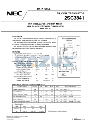 2SC3841 datasheet - UHF OSCILLATOR AND UHF MIXER NPN SILICON EPITAXIAL TRANSISTOR MINI MOLD